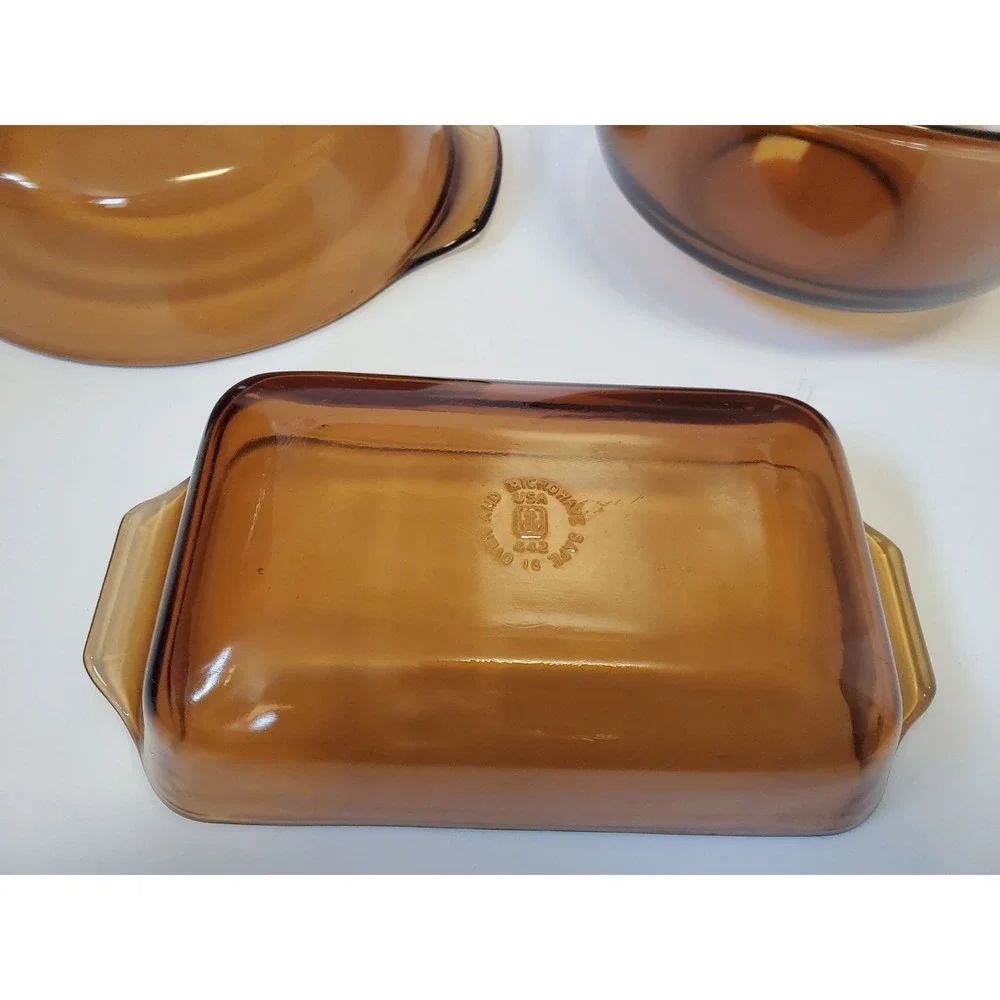 Vintage Anchor Hocking Amber Glass Casserole Baking Mixing Bowl 3 Piece USA Made